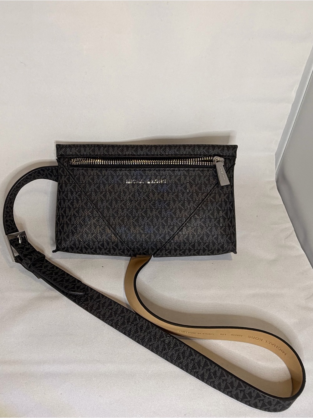Michael Kors Black Monogram Belt Bag with Tan Strap L/XL